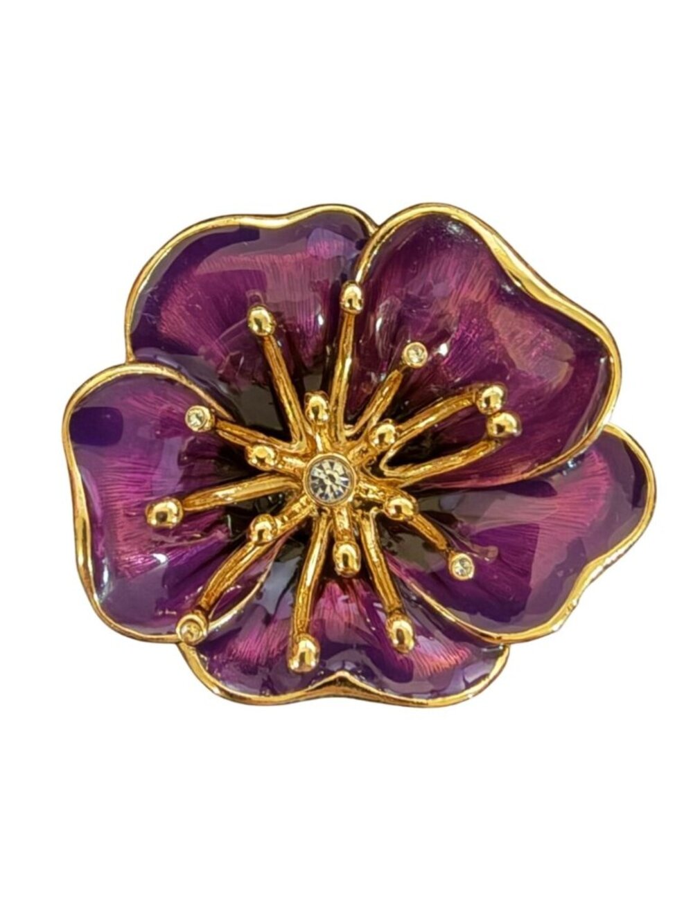 Monet Large Purple Pansy Enamel Flower Brooch Rhinestone Center Statement Pin